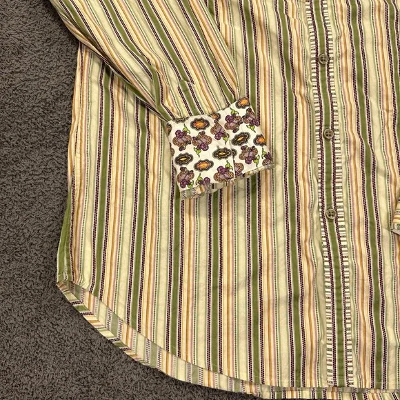 Robert Graham Shirt Mens Large Green Striped Woven Flip Cuff Geometric Going Out - Picture 3 of 13